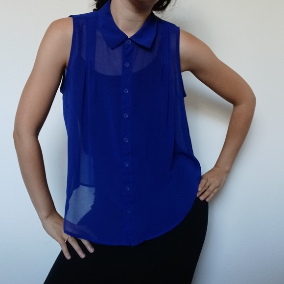Royal Blue Sheer Sleeveless Blouse - Picture 11 of 11